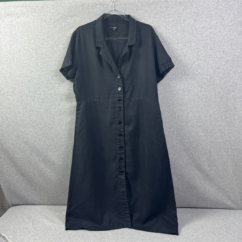 Quince Linen Shirtdress Womens XL Black Button Front Midi Collared Short Sleeve